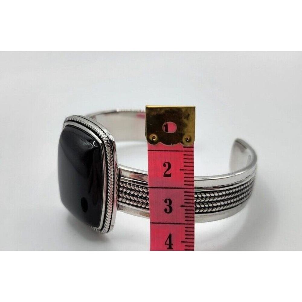 Sterling Silver, Rope-Edge, Bezel Set Black Chalcedony, Wide Cuff Bracelet 7" - Picture 9 of 11